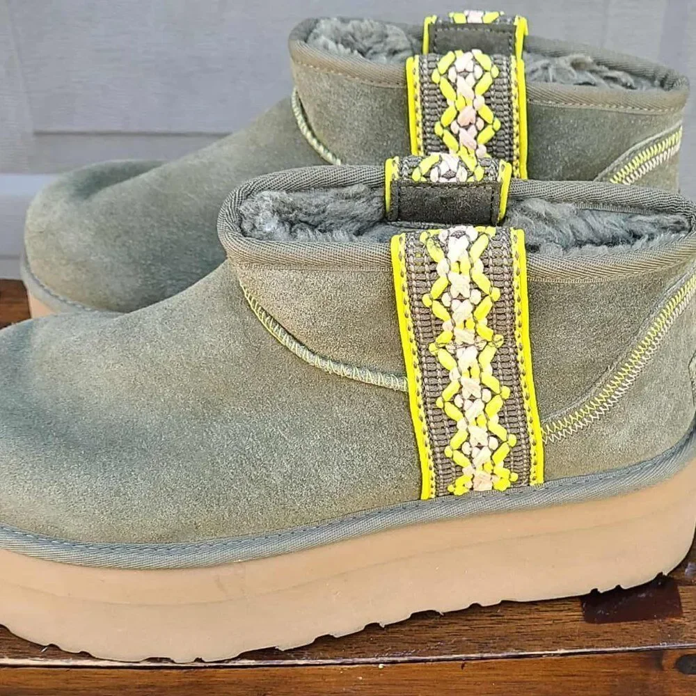 UGG Platform Tsman Braid Ultra Mini Suede shearling Lined Boots size 10 in Olive